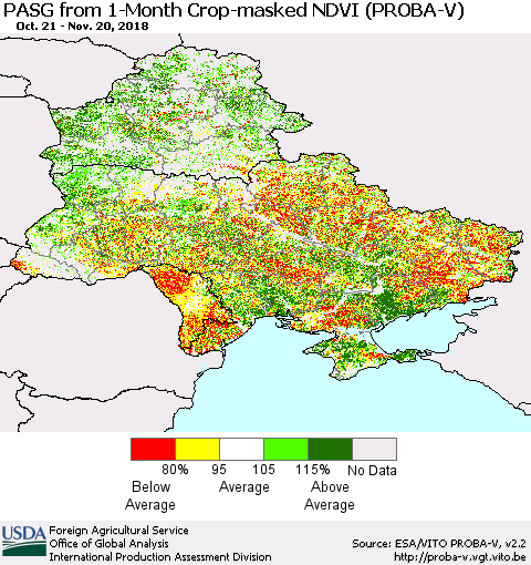 Ukraine, Moldova and Belarus PASG from 1-Month Crop-masked NDVI (PROBA-V) Thematic Map For 11/11/2018 - 11/20/2018