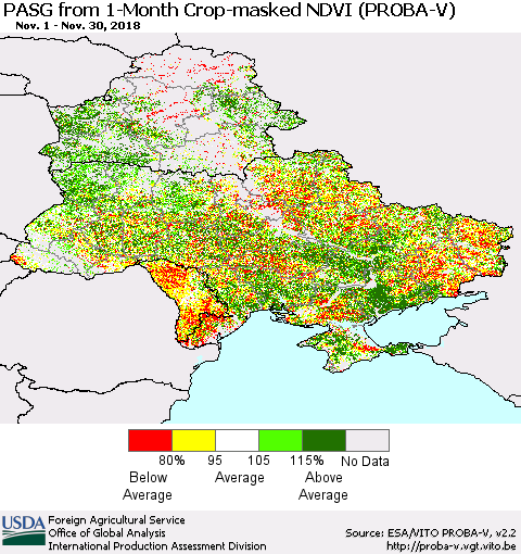 Ukraine, Moldova and Belarus PASG from 1-Month Crop-masked NDVI (PROBA-V) Thematic Map For 11/21/2018 - 11/30/2018
