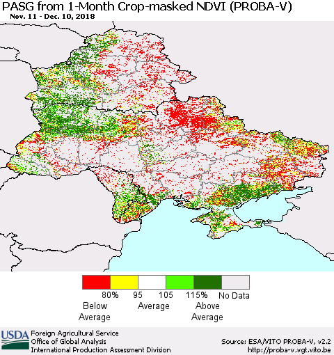 Ukraine, Moldova and Belarus PASG from 1-Month Crop-masked NDVI (PROBA-V) Thematic Map For 12/1/2018 - 12/10/2018