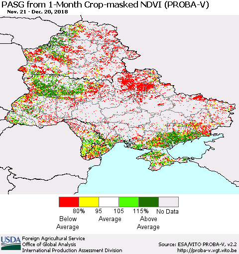 Ukraine, Moldova and Belarus PASG from 1-Month Crop-masked NDVI (PROBA-V) Thematic Map For 12/11/2018 - 12/20/2018