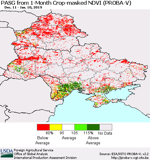 Ukraine, Moldova and Belarus PASG from 1-Month Crop-masked NDVI (PROBA-V) Thematic Map For 1/1/2019 - 1/10/2019