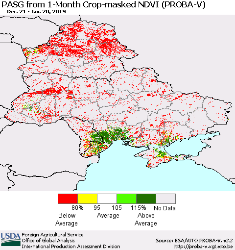 Ukraine, Moldova and Belarus PASG from 1-Month Crop-masked NDVI (PROBA-V) Thematic Map For 1/11/2019 - 1/20/2019