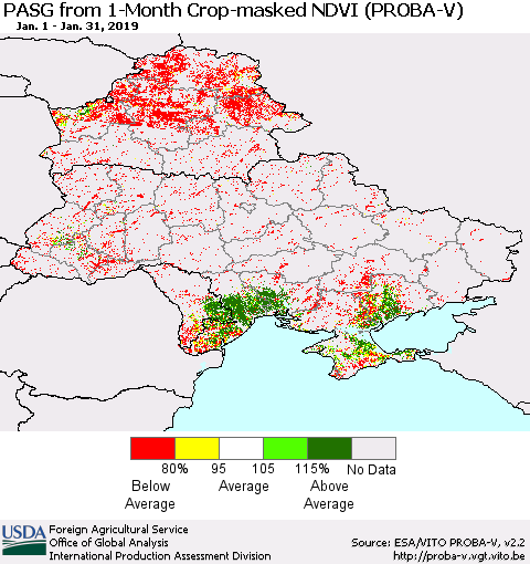 Ukraine, Moldova and Belarus PASG from 1-Month Crop-masked NDVI (PROBA-V) Thematic Map For 1/21/2019 - 1/31/2019