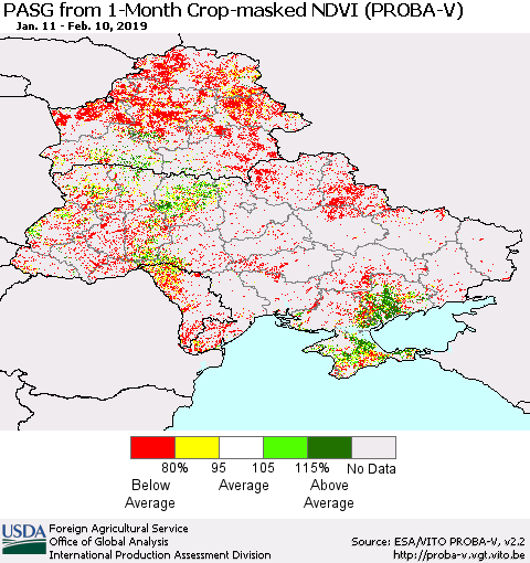 Ukraine, Moldova and Belarus PASG from 1-Month Crop-masked NDVI (PROBA-V) Thematic Map For 2/1/2019 - 2/10/2019