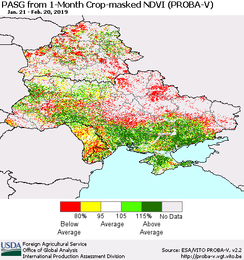Ukraine, Moldova and Belarus PASG from 1-Month Crop-masked NDVI (PROBA-V) Thematic Map For 2/11/2019 - 2/20/2019