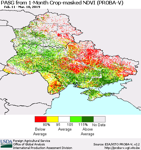 Ukraine, Moldova and Belarus PASG from 1-Month Crop-masked NDVI (PROBA-V) Thematic Map For 3/1/2019 - 3/10/2019