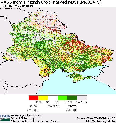 Ukraine, Moldova and Belarus PASG from 1-Month Crop-masked NDVI (PROBA-V) Thematic Map For 3/11/2019 - 3/20/2019