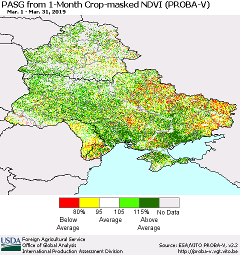 Ukraine, Moldova and Belarus PASG from 1-Month Crop-masked NDVI (PROBA-V) Thematic Map For 3/21/2019 - 3/31/2019