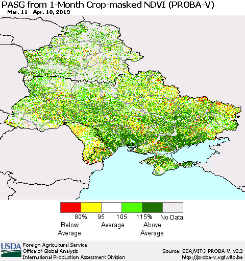Ukraine, Moldova and Belarus PASG from 1-Month Crop-masked NDVI (PROBA-V) Thematic Map For 4/1/2019 - 4/10/2019