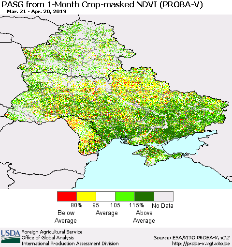 Ukraine, Moldova and Belarus PASG from 1-Month Crop-masked NDVI (PROBA-V) Thematic Map For 4/11/2019 - 4/20/2019