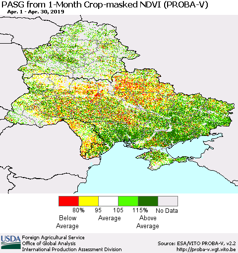 Ukraine, Moldova and Belarus PASG from 1-Month Crop-masked NDVI (PROBA-V) Thematic Map For 4/21/2019 - 4/30/2019