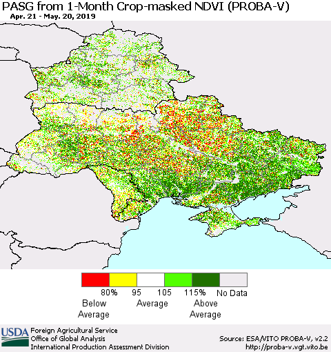 Ukraine, Moldova and Belarus PASG from 1-Month Crop-masked NDVI (PROBA-V) Thematic Map For 5/11/2019 - 5/20/2019