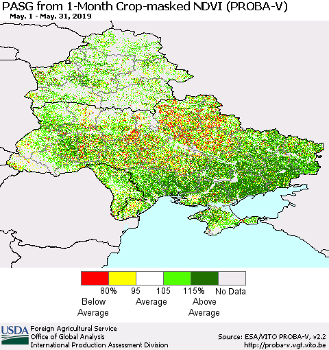 Ukraine, Moldova and Belarus PASG from 1-Month Crop-masked NDVI (PROBA-V) Thematic Map For 5/21/2019 - 5/31/2019