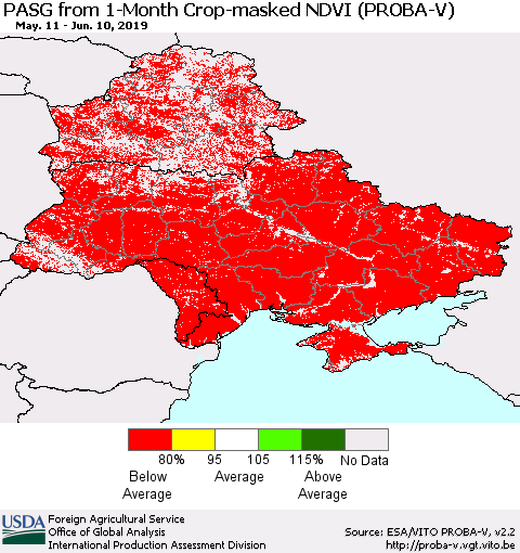 Ukraine, Moldova and Belarus PASG from 1-Month Crop-masked NDVI (PROBA-V) Thematic Map For 6/1/2019 - 6/10/2019