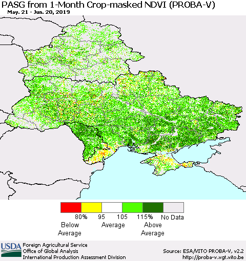 Ukraine, Moldova and Belarus PASG from 1-Month Crop-masked NDVI (PROBA-V) Thematic Map For 6/11/2019 - 6/20/2019
