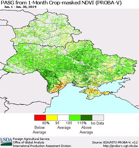 Ukraine, Moldova and Belarus PASG from 1-Month Crop-masked NDVI (PROBA-V) Thematic Map For 6/21/2019 - 6/30/2019