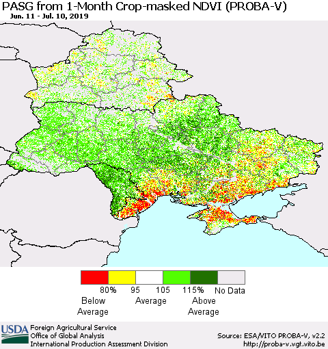 Ukraine, Moldova and Belarus PASG from 1-Month Crop-masked NDVI (PROBA-V) Thematic Map For 7/1/2019 - 7/10/2019