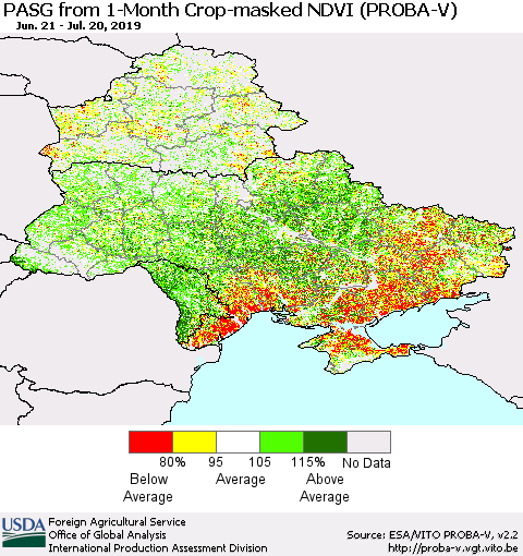 Ukraine, Moldova and Belarus PASG from 1-Month Crop-masked NDVI (PROBA-V) Thematic Map For 7/11/2019 - 7/20/2019