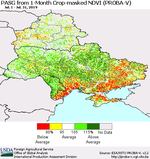 Ukraine, Moldova and Belarus PASG from 1-Month Crop-masked NDVI (PROBA-V) Thematic Map For 7/21/2019 - 7/31/2019