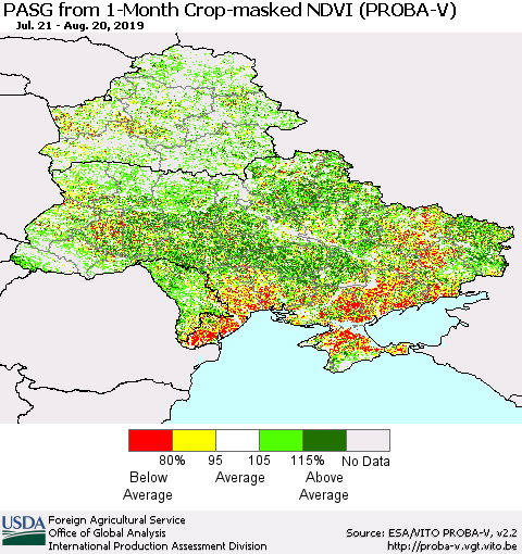 Ukraine, Moldova and Belarus PASG from 1-Month Crop-masked NDVI (PROBA-V) Thematic Map For 8/11/2019 - 8/20/2019