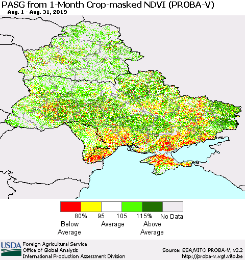 Ukraine, Moldova and Belarus PASG from 1-Month Crop-masked NDVI (PROBA-V) Thematic Map For 8/21/2019 - 8/31/2019