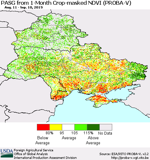 Ukraine, Moldova and Belarus PASG from 1-Month Crop-masked NDVI (PROBA-V) Thematic Map For 9/1/2019 - 9/10/2019