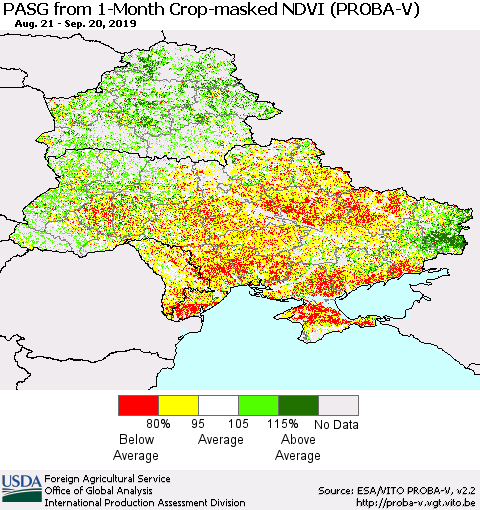 Ukraine, Moldova and Belarus PASG from 1-Month Crop-masked NDVI (PROBA-V) Thematic Map For 9/11/2019 - 9/20/2019