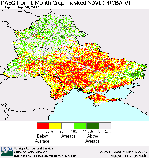 Ukraine, Moldova and Belarus PASG from 1-Month Crop-masked NDVI (PROBA-V) Thematic Map For 9/21/2019 - 9/30/2019
