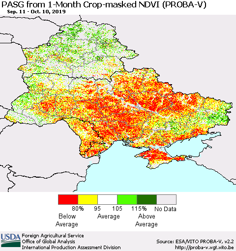 Ukraine, Moldova and Belarus PASG from 1-Month Crop-masked NDVI (PROBA-V) Thematic Map For 10/1/2019 - 10/10/2019