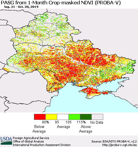 Ukraine, Moldova and Belarus PASG from 1-Month Crop-masked NDVI (PROBA-V) Thematic Map For 10/11/2019 - 10/20/2019