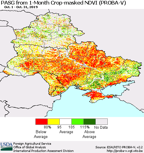 Ukraine, Moldova and Belarus PASG from 1-Month Crop-masked NDVI (PROBA-V) Thematic Map For 10/21/2019 - 10/31/2019