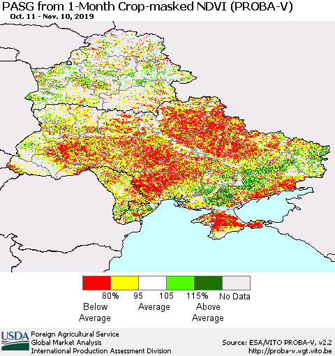 Ukraine, Moldova and Belarus PASG from 1-Month Crop-masked NDVI (PROBA-V) Thematic Map For 11/1/2019 - 11/10/2019