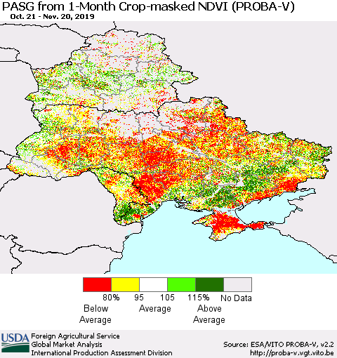 Ukraine, Moldova and Belarus PASG from 1-Month Crop-masked NDVI (PROBA-V) Thematic Map For 11/11/2019 - 11/20/2019