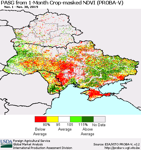 Ukraine, Moldova and Belarus PASG from 1-Month Crop-masked NDVI (PROBA-V) Thematic Map For 11/21/2019 - 11/30/2019