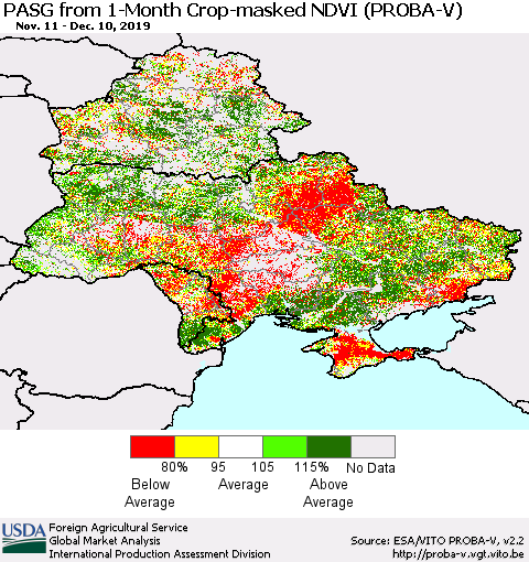 Ukraine, Moldova and Belarus PASG from 1-Month Crop-masked NDVI (PROBA-V) Thematic Map For 12/1/2019 - 12/10/2019