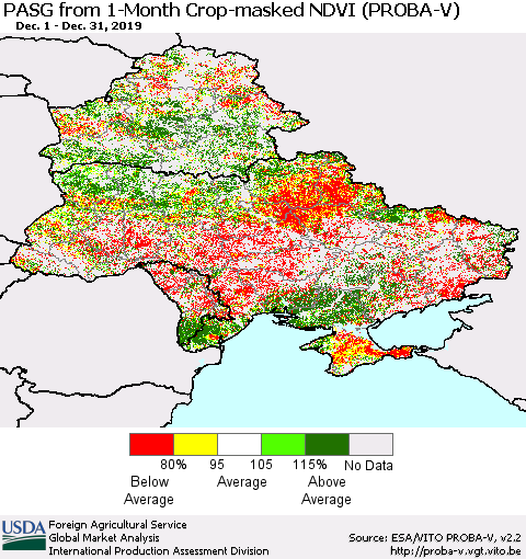 Ukraine, Moldova and Belarus PASG from 1-Month Crop-masked NDVI (PROBA-V) Thematic Map For 12/21/2019 - 12/31/2019