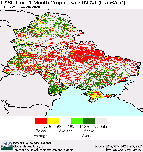Ukraine, Moldova and Belarus PASG from 1-Month Crop-masked NDVI (PROBA-V) Thematic Map For 1/11/2020 - 1/20/2020