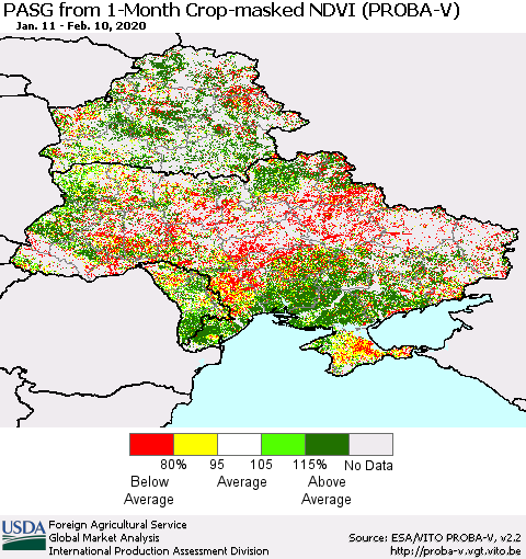 Ukraine, Moldova and Belarus PASG from 1-Month Crop-masked NDVI (PROBA-V) Thematic Map For 2/1/2020 - 2/10/2020