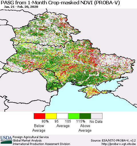 Ukraine, Moldova and Belarus PASG from 1-Month Crop-masked NDVI (PROBA-V) Thematic Map For 2/11/2020 - 2/20/2020
