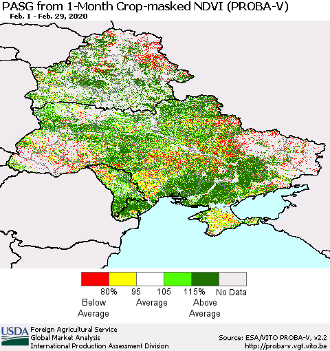 Ukraine, Moldova and Belarus PASG from 1-Month Crop-masked NDVI (PROBA-V) Thematic Map For 2/21/2020 - 2/29/2020