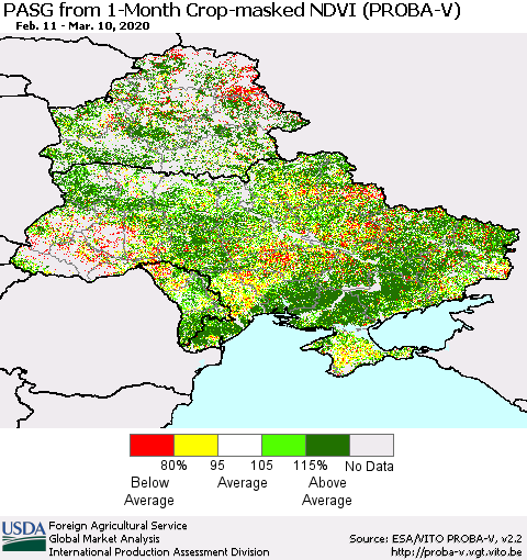 Ukraine, Moldova and Belarus PASG from 1-Month Crop-masked NDVI (PROBA-V) Thematic Map For 3/1/2020 - 3/10/2020