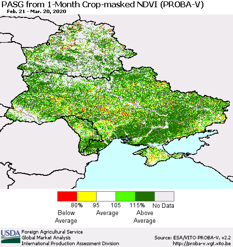 Ukraine, Moldova and Belarus PASG from 1-Month Crop-masked NDVI (PROBA-V) Thematic Map For 3/11/2020 - 3/20/2020