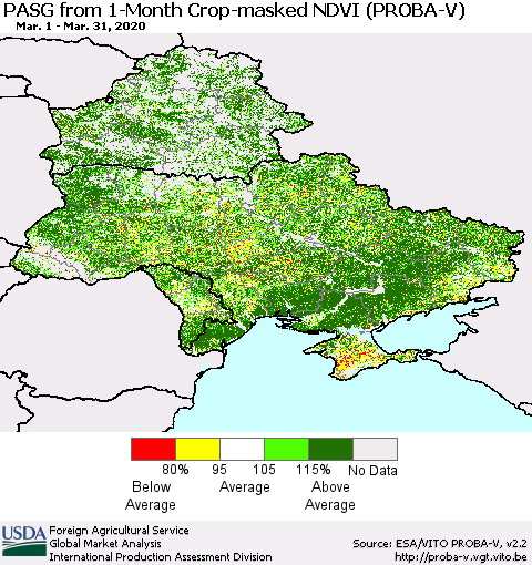 Ukraine, Moldova and Belarus PASG from 1-Month Crop-masked NDVI (PROBA-V) Thematic Map For 3/21/2020 - 3/31/2020