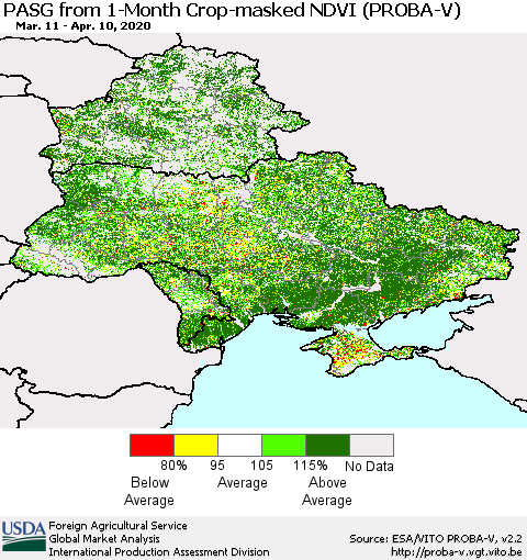 Ukraine, Moldova and Belarus PASG from 1-Month Crop-masked NDVI (PROBA-V) Thematic Map For 4/1/2020 - 4/10/2020