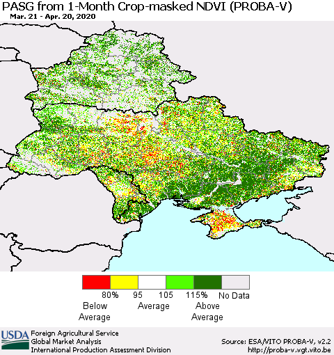 Ukraine, Moldova and Belarus PASG from 1-Month Crop-masked NDVI (PROBA-V) Thematic Map For 4/11/2020 - 4/20/2020