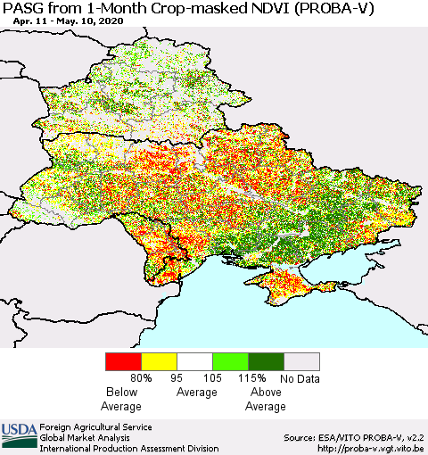 Ukraine, Moldova and Belarus PASG from 1-Month Crop-masked NDVI (PROBA-V) Thematic Map For 5/1/2020 - 5/10/2020