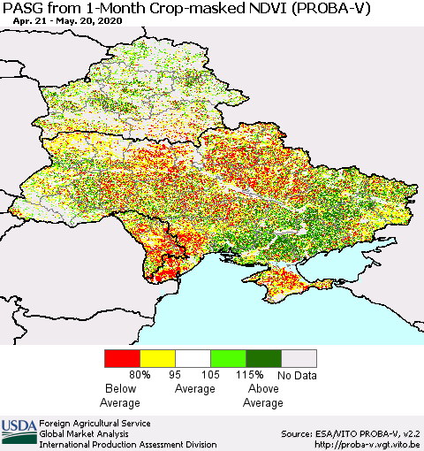 Ukraine, Moldova and Belarus PASG from 1-Month Crop-masked NDVI (PROBA-V) Thematic Map For 5/11/2020 - 5/20/2020