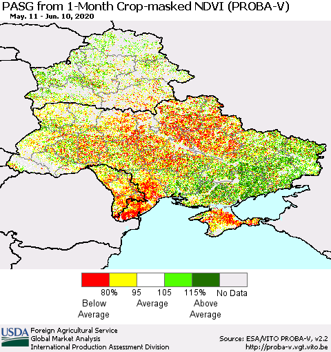 Ukraine, Moldova and Belarus PASG from 1-Month Crop-masked NDVI (PROBA-V) Thematic Map For 6/1/2020 - 6/10/2020