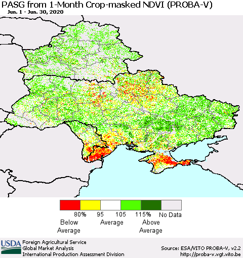 Ukraine, Moldova and Belarus PASG from 1-Month Crop-masked NDVI (PROBA-V) Thematic Map For 6/21/2020 - 6/30/2020