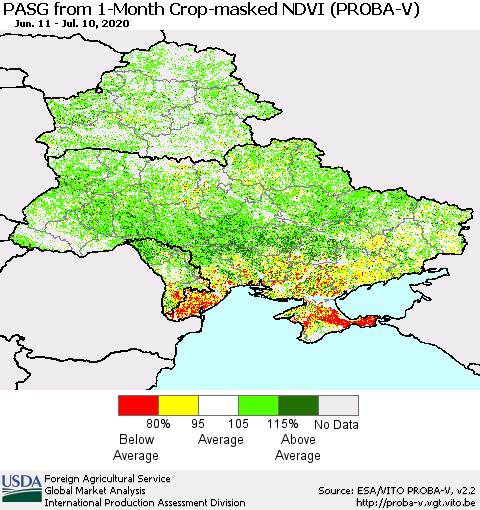 Ukraine, Moldova and Belarus PASG from 1-Month Crop-masked NDVI (PROBA-V) Thematic Map For 7/1/2020 - 7/10/2020